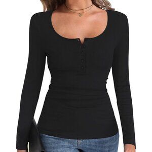 Long Sleeve Ribbed Henley Shirt Women Fall Winter Casual Button Top Large